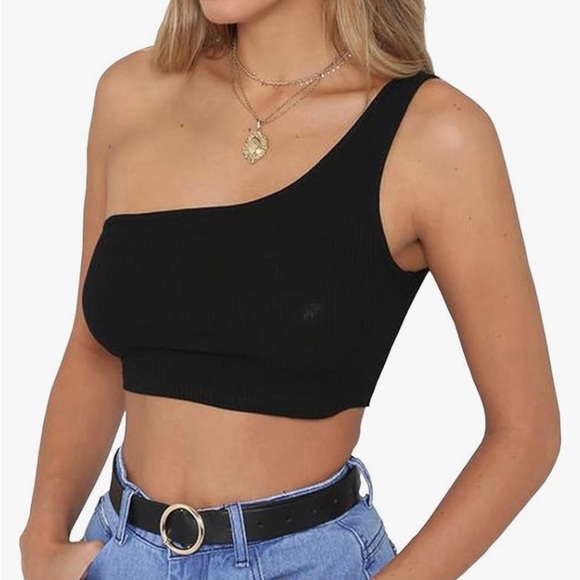 One Shoulder Strappy Tees Basic Crop Tank  Sleeveless Crop Tops - Picture 2 of 5
